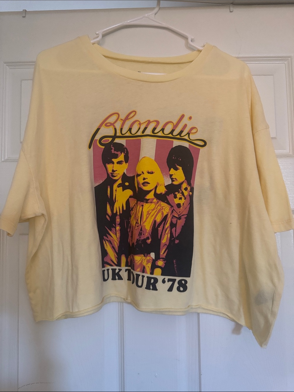 No Boundaries Blondie Band Graphic Tee in Pale Yellow with Pink and Black Print